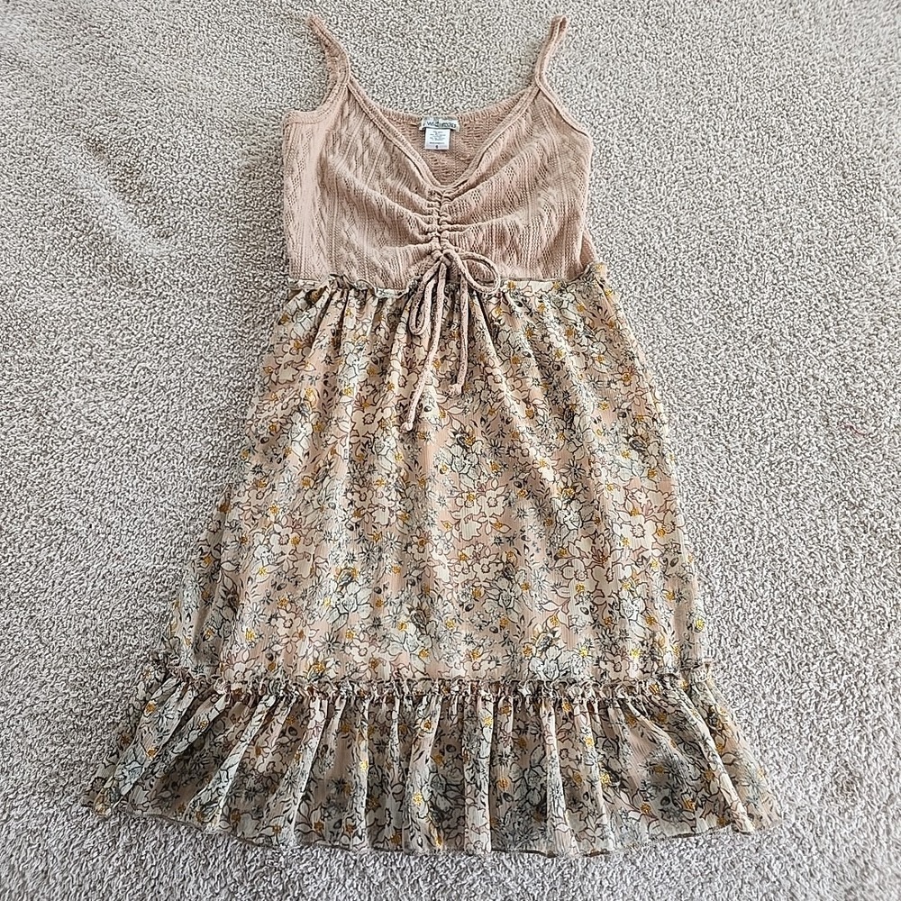 Wild Mossโ Women's Boho Floral Mini Dress Knit Bodice Sleeveless Ruffle Hem Sz S